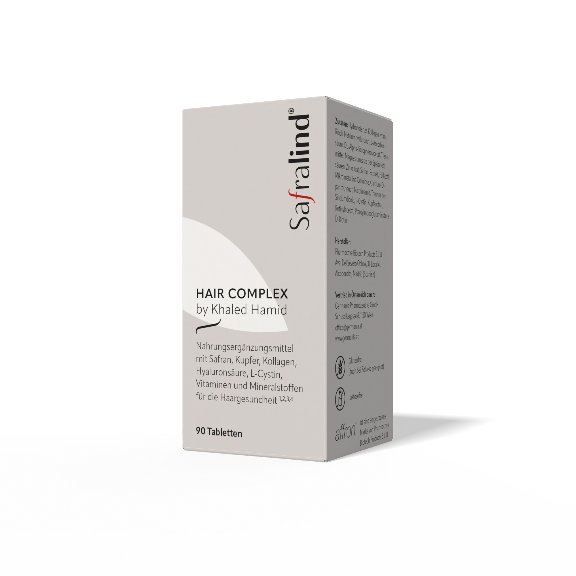 Packung des Nahrungsergänzungsmittels Safralind Hair Complex mit 90 Tabletten zur Unterstützung der Haargesundheit.